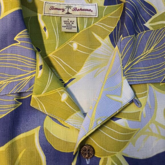 Tommy Bahama Shirt Men’s 100% Silk Hawaiian Floral Palm Fronds Yellow Blue Sz L - Picture 6 of 6